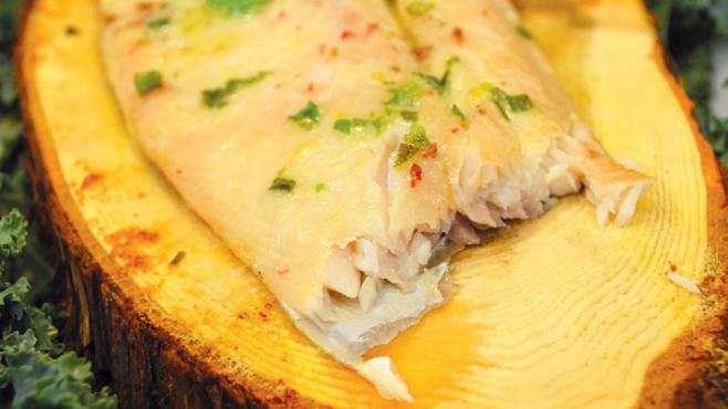 Cedar-Planked Whitefish with Scallon Butter and Pink Peppercorns