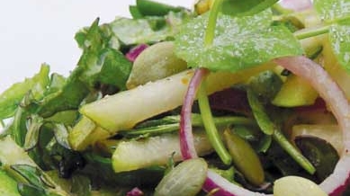 Pea Shoot, Kale, and Pear Salad with Verjus Maple Dressing